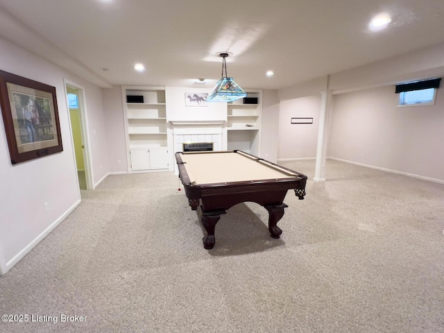 4212 Marseille Dr, Louisville, KY 40272 - rec room with light colored carpet, a tiled fireplace, billiards, recessed lighting, and built in features