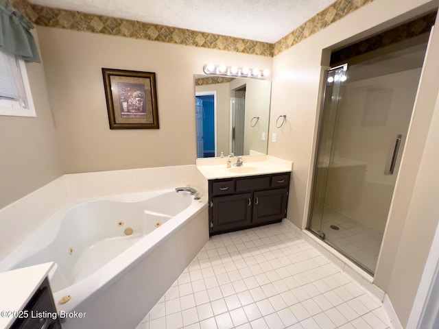 4212 Marseille Dr, Louisville, KY 40272 - bathroom featuring vanity, a jetted tub, a stall shower, and tile patterned floors