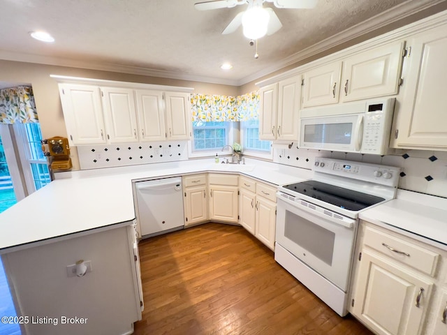 4212 Marseille Dr, Louisville, KY 40272 - kitchen with white appliances, crown molding, a peninsula, a ceiling fan, and light countertops