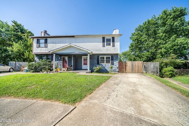 2700 Pioneer Ct, Radcliff, KY 40160 - view of front of property with a chimney, stone siding, covered porch, concrete driveway, and a gate