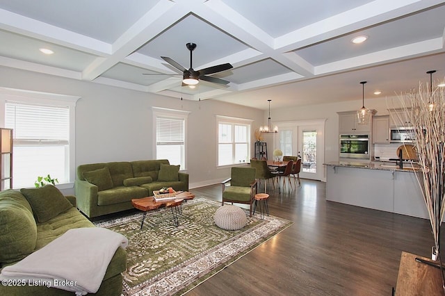 4017 Williams Crossing Way, Jeffersonville, IN 47130 - living room with ceiling fan, dark wood-style flooring, coffered ceiling, recessed lighting, and beamed ceiling