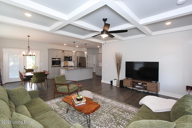4017 Williams Crossing Way, Jeffersonville, IN 47130 - living area featuring coffered ceiling, ceiling fan, dark wood-type flooring, recessed lighting, and beam ceiling