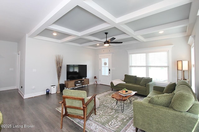 4017 Williams Crossing Way, Jeffersonville, IN 47130 - living room with a ceiling fan, dark wood-style flooring, beam ceiling, coffered ceiling, and recessed lighting