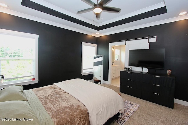4017 Williams Crossing Way, Jeffersonville, IN 47130 - bedroom with a raised ceiling, light colored carpet, a barn door, ornamental molding, and recessed lighting