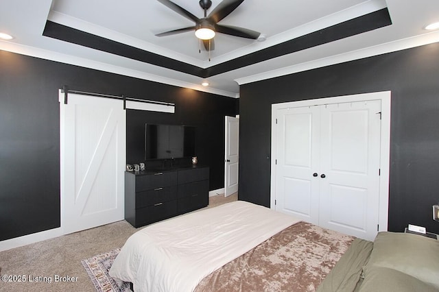 4017 Williams Crossing Way, Jeffersonville, IN 47130 - carpeted bedroom featuring a raised ceiling, crown molding, recessed lighting, a closet, and a barn door