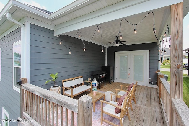 4017 Williams Crossing Way, Jeffersonville, IN 47130 - wooden deck with french doors, a ceiling fan, outdoor lounge area, and area for grilling