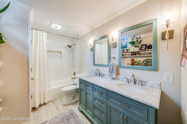1021 Mulberry St, Louisville, KY 40217 - bathroom with shower / tub combo with curtain, double vanity, wood finished floors, and ornamental molding