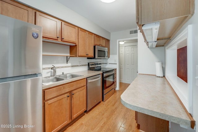 521 Zorn Ave Apt G8, Louisville, KY 40206 - kitchen with appliances with stainless steel finishes, decorative backsplash, light wood-style floors, light countertops, and open shelves