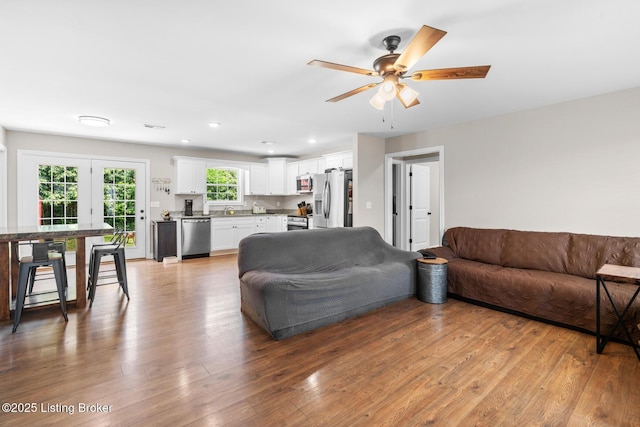 112 Shallow Springs Ct, Bardstown, KY 40004 - living room featuring wood finished floors, ceiling fan, and recessed lighting