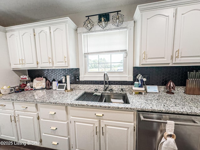 173 Megan Way, Falls Of Rough, KY 40119 - kitchen with stainless steel dishwasher, white cabinets, tasteful backsplash, and light stone countertops