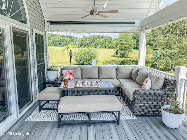 173 Megan Way, Falls Of Rough, KY 40119 - deck featuring an outdoor hangout area, a ceiling fan, and view of wooded area
