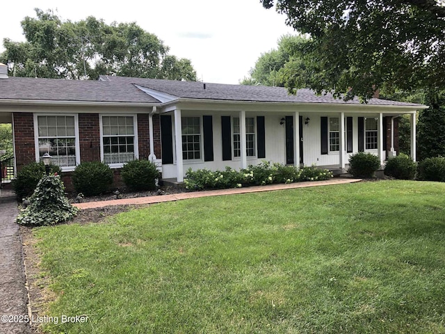 1600 Normandy Rd, Taylorsville, KY 40071 - ranch-style home featuring a front lawn, brick siding, a porch, and a shingled roof
