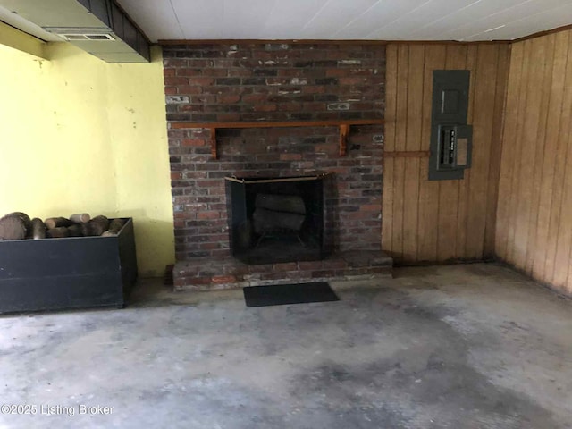 1600 Normandy Rd, Taylorsville, KY 40071 - living room featuring concrete floors, wooden walls, and a fireplace