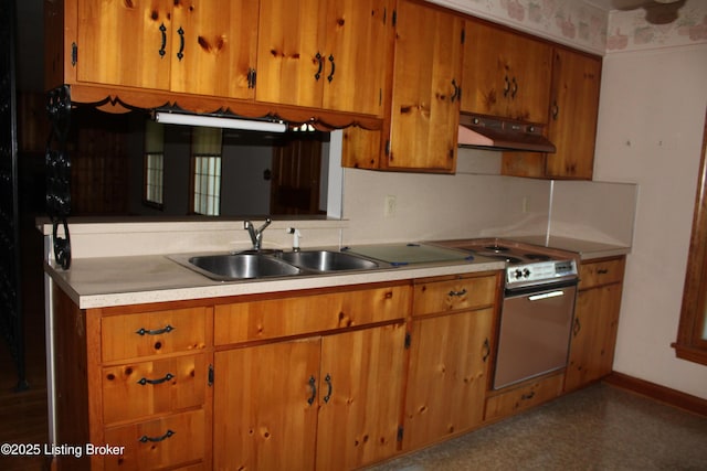 1600 Normandy Rd, Taylorsville, KY 40071 - kitchen with under cabinet range hood, electric range, brown cabinets, and light countertops