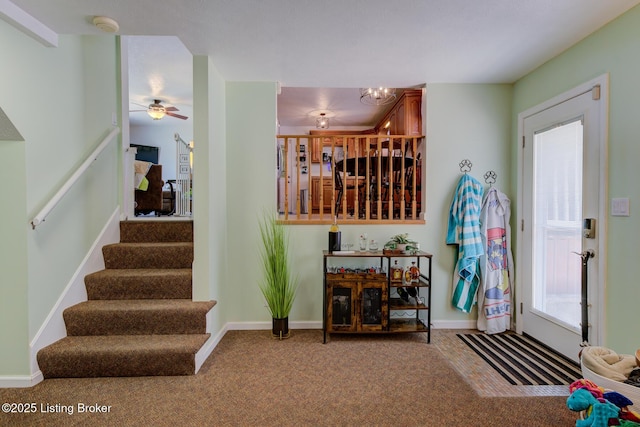 9602 Willowwood Way, Louisville, KY 40299 - foyer entrance featuring stairway, carpet flooring, ceiling fan, and a chandelier