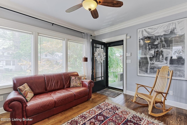 1700 Shady Ln, Louisville, KY 40205 - living room featuring a ceiling fan, crown molding, and wood finished floors