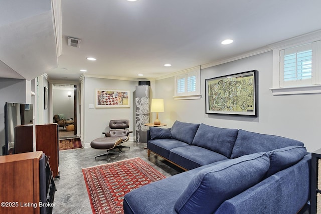 1700 Shady Ln, Louisville, KY 40205 - living room with crown molding, recessed lighting, and concrete flooring