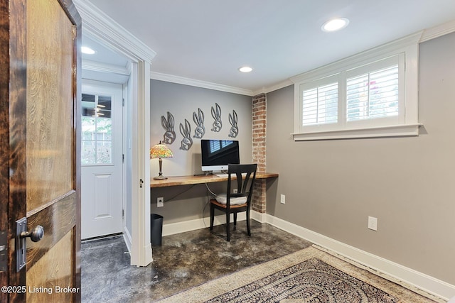 1700 Shady Ln, Louisville, KY 40205 - office area featuring crown molding, recessed lighting, concrete flooring, and built in desk