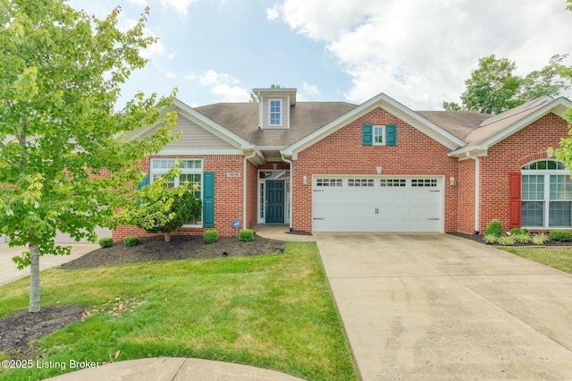 14518 Lake Village Dr Unit 4B, Louisville, KY 40299 - traditional-style home featuring concrete driveway, an attached garage, brick siding, a front lawn, and a shingled roof