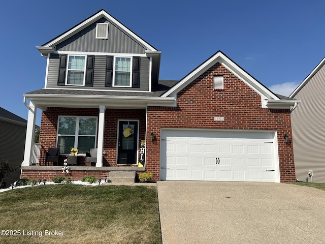 11922 Cascade Falls Trl, Louisville, KY 40229 - traditional-style home with a porch, concrete driveway, brick siding, board and batten siding, and a front yard