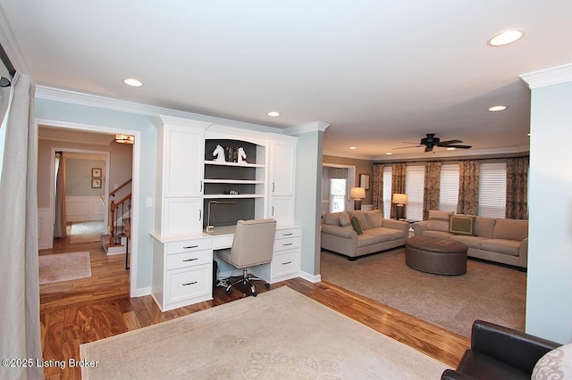 4201 Patterson Park Ct, Louisville, KY 40299 - office featuring crown molding, dark wood-type flooring, ceiling fan, recessed lighting, and built in desk