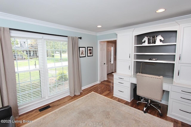 4201 Patterson Park Ct, Louisville, KY 40299 - unfurnished office with ornamental molding, dark wood-style flooring, recessed lighting, and built in study area