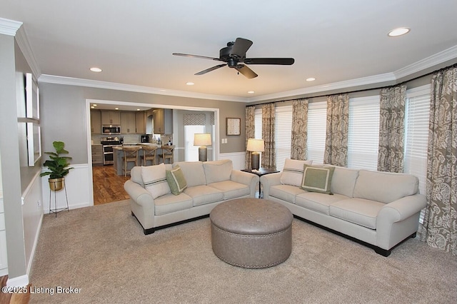 4201 Patterson Park Ct, Louisville, KY 40299 - carpeted living area featuring crown molding, recessed lighting, and a ceiling fan