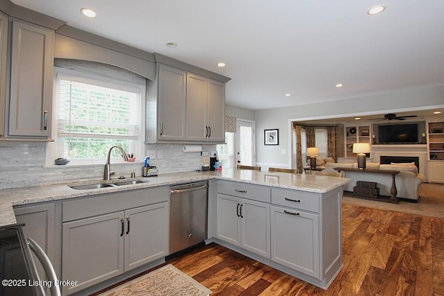 4201 Patterson Park Ct, Louisville, KY 40299 - kitchen with gray cabinetry, stainless steel dishwasher, a peninsula, plenty of natural light, and recessed lighting