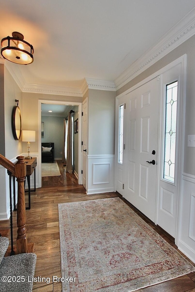 4201 Patterson Park Ct, Louisville, KY 40299 - entrance foyer with wood finished floors, ornamental molding, wainscoting, stairs, and a decorative wall