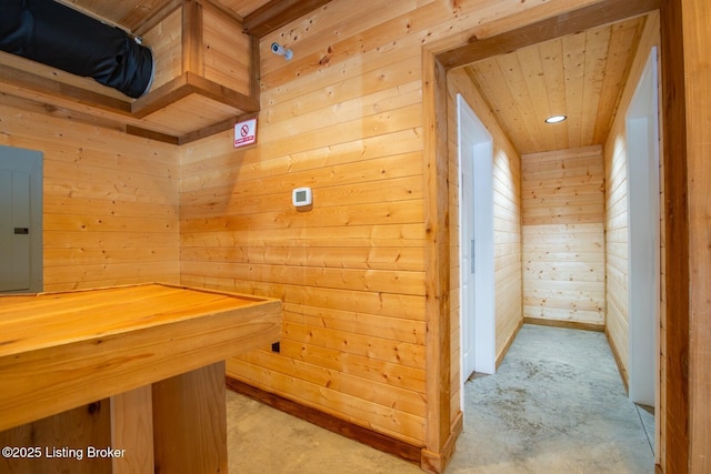 650 Midway Rd, Guston, KY 40142 - corridor featuring wood walls, carpet floors, electric panel, wood ceiling, and recessed lighting