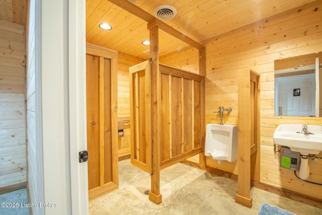 650 Midway Rd, Guston, KY 40142 - bathroom featuring wooden walls, wood ceiling, and recessed lighting