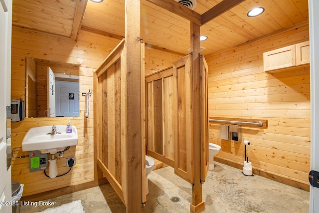 650 Midway Rd, Guston, KY 40142 - bathroom with wooden walls, wooden ceiling, recessed lighting, and concrete flooring