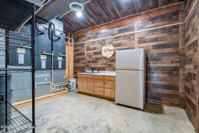 650 Midway Rd, Guston, KY 40142 - below grade area with freestanding refrigerator and wood walls