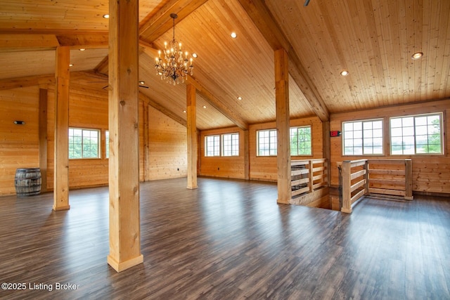 650 Midway Rd, Guston, KY 40142 - unfurnished living room featuring dark wood-type flooring, wooden ceiling, wood walls, a chandelier, and recessed lighting