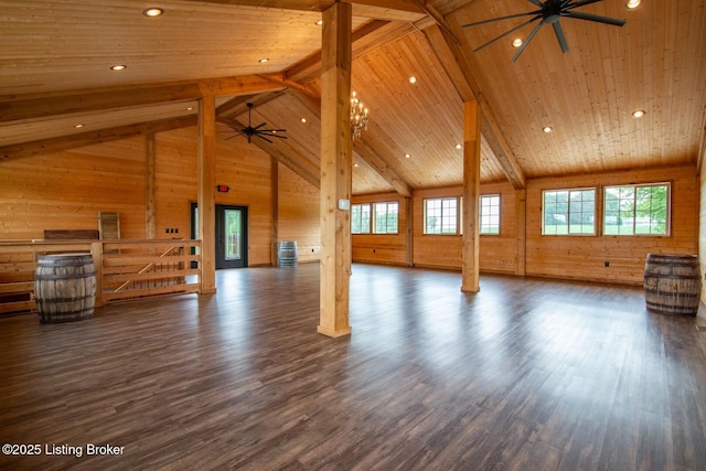 650 Midway Rd, Guston, KY 40142 - unfurnished living room with a ceiling fan, healthy amount of natural light, wooden walls, a wooden ceiling with exposed beams, and dark wood-style flooring