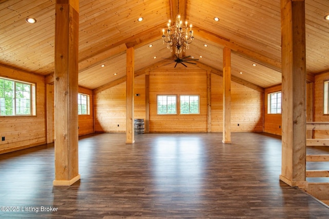 650 Midway Rd, Guston, KY 40142 - additional living space with dark wood finished floors, a chandelier, wood walls, wooden ceiling, and recessed lighting