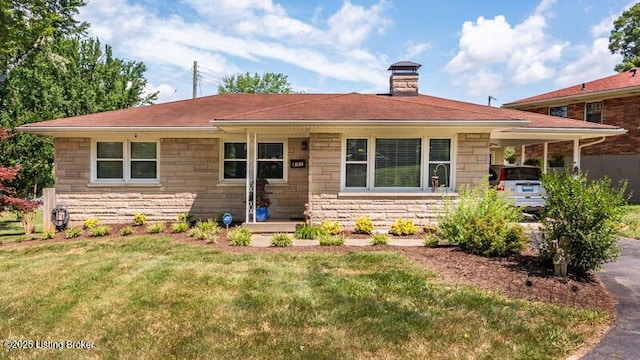 1701 Quarry Hill Rd, Louisville, KY 40213 - view of front of house featuring a chimney, stone siding, a front yard, and a carport