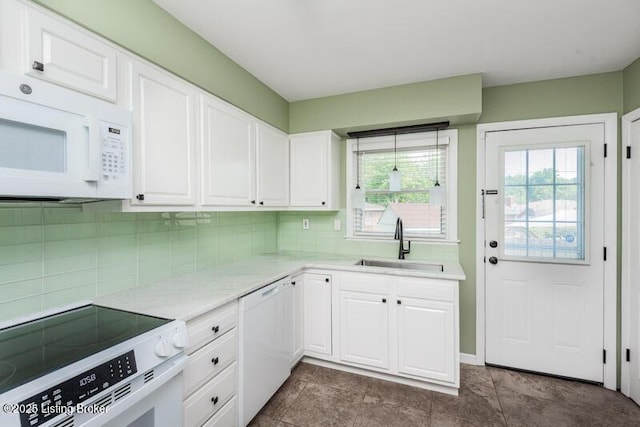 1701 Quarry Hill Rd, Louisville, KY 40213 - kitchen featuring white appliances, backsplash, and white cabinets