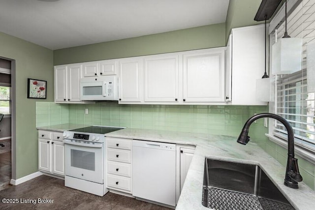 1701 Quarry Hill Rd, Louisville, KY 40213 - kitchen featuring white appliances, decorative backsplash, white cabinets, and light stone counters