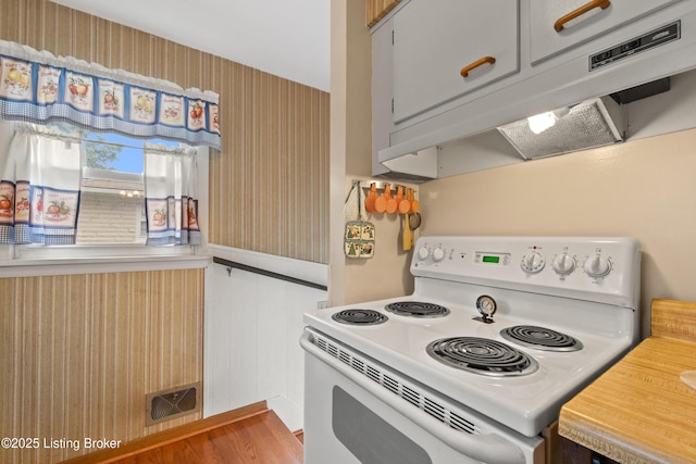 8703 Fernview Dr, Louisville, KY 40291 - kitchen with white range with electric cooktop, under cabinet range hood, light countertops, light wood finished floors, and wainscoting