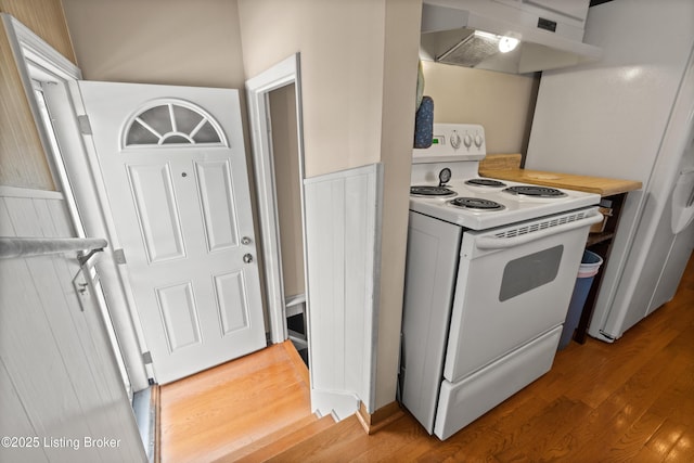 8703 Fernview Dr, Louisville, KY 40291 - kitchen featuring white appliances, exhaust hood, light wood-style flooring, and light countertops