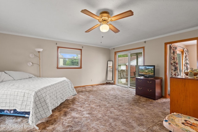 8703 Fernview Dr, Louisville, KY 40291 - bedroom featuring access to outside, crown molding, carpet flooring, and ceiling fan