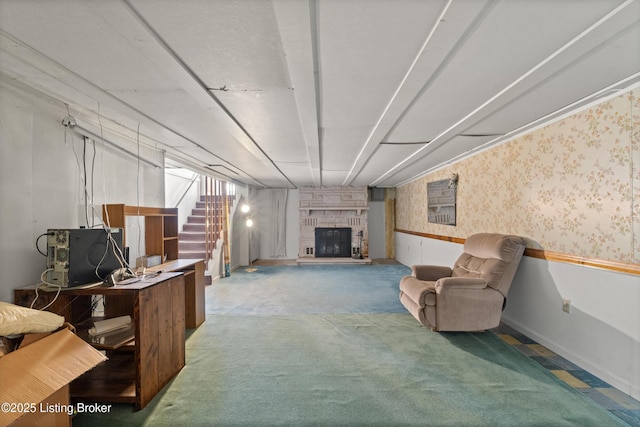 8703 Fernview Dr, Louisville, KY 40291 - carpeted living room with stairs, a fireplace, and a wainscoted wall