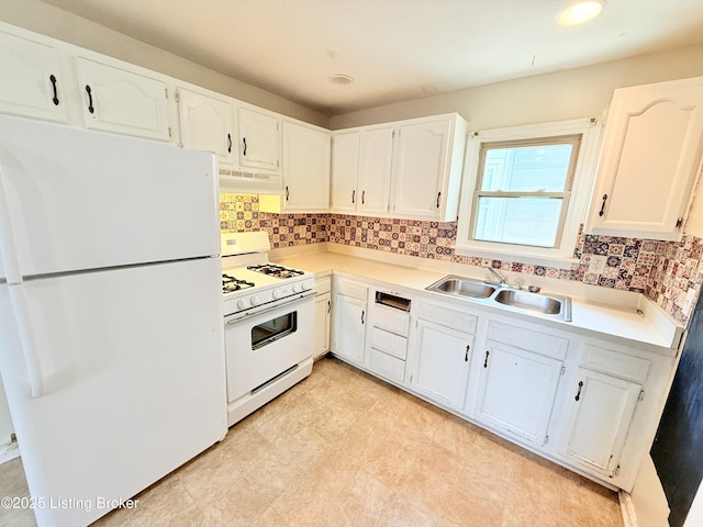 5123 Reed Ave, Louisville, KY 40214 - kitchen featuring white appliances, under cabinet range hood, white cabinetry, and backsplash