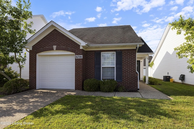 6716 Arbor Creek Dr, Louisville, KY 40228 - ranch-style house with an attached garage, brick siding, driveway, a front yard, and roof with shingles