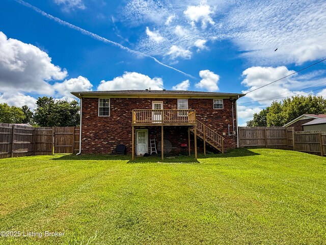 1410 Sycamore Ln, Leitchfield, KY 42754 - rear view of house featuring stairs, a wooden deck, a fenced backyard, and brick siding