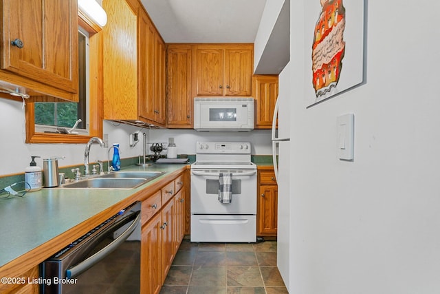 171 Cedar Point Rd, Bee Spring, KY 42207 - kitchen featuring white appliances, brown cabinetry, and stone finish floors