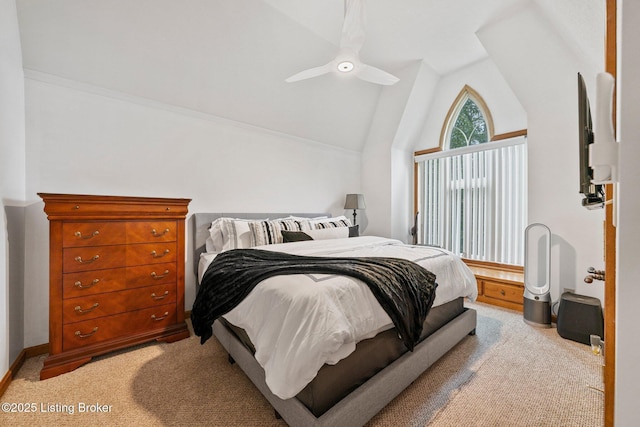171 Cedar Point Rd, Bee Spring, KY 42207 - bedroom with light carpet, vaulted ceiling, and ceiling fan