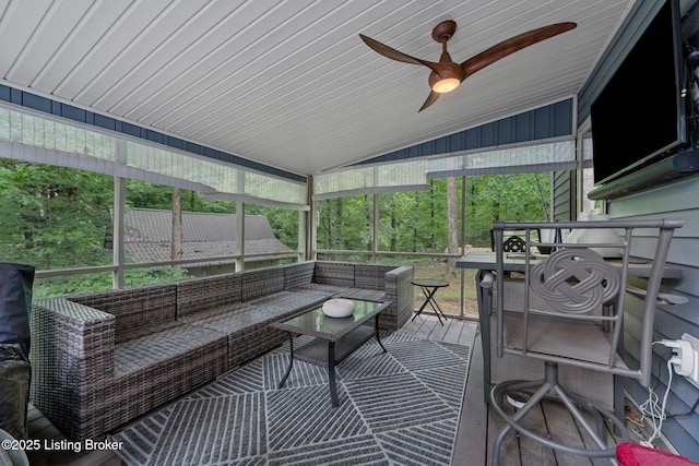 171 Cedar Point Rd, Bee Spring, KY 42207 - sunroom / solarium featuring lofted ceiling, outdoor lounge area, and a ceiling fan
