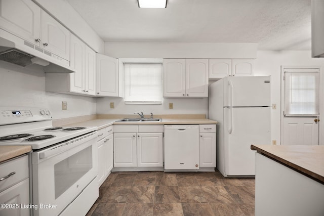 547 Wyandot Ct, Radcliff, KY 40160 - kitchen with white appliances, under cabinet range hood, white cabinetry, stone finish floors, and light countertops